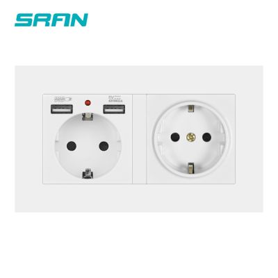 SRAN eu 2gang Power socket 16A electrical plug grounded Hide LED indicator double Socket with USB  146*86mm pc panel wall socket