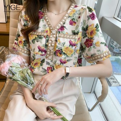 YIGE 2022 summer new style woven V-neck blouse French floral chiffon blouse short-sleeved Korean blouse