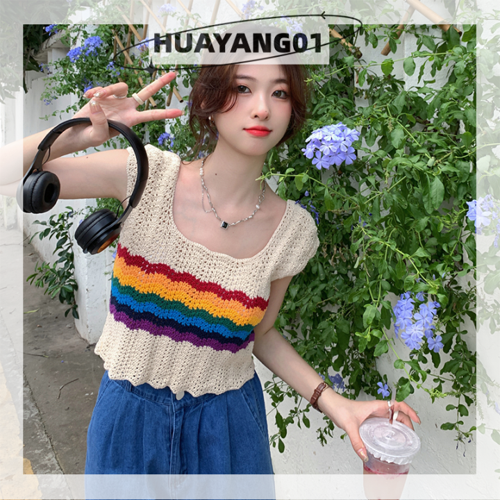 huayang01-2023-new-hot-fashion-lazlook-เสื้อชั้นในสตรีถักลายทางแขนกุดสีลายทางวินเทจฤดูร้อน