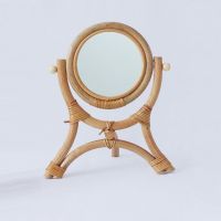 Hand-Woven Table Makeup Mirror with Stand Rack Natural Rattan Dressing Retro Desktop Mirror Vertical Flip Handmade Roun