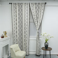 Spot parcel post Bohemian Ethnic American Black and White Geometry Printed Cotton and Linen Kitchen Curtain Cross-Border Curtain Finished Products Factory Direct Supply