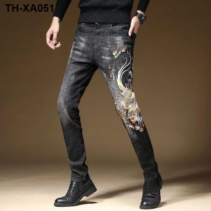 2021-ใหม่กางเกงยีนส์ขายาวสีดำยืดของผู้ชายสไตล์เกาหลีอินเทรนด์ขายาวลำลองผู้ชาย