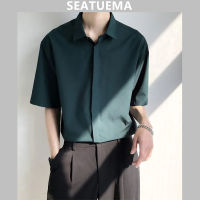 SEATUEMA เสื้อแขนสั้นเทรนด์หรูหราเบาสำหรับผู้ชายเสื้อสุดเท่มีระบายผ้าไอซ์ซิลค์บางสำหรับฤดูร้อนผ้าม่านง่ายต่อการรีดเสื้อเสื่อทรงหลวมพอดีตัวลำลอง