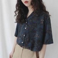 COD DSFERTRETRE Womens Vintage Floral Blouses Elegant V Neck Blouse Short Sleeve Blouse Art Printed Shirts Lapel Shirts Retro Turndown Collar Blouses Korean Style Casual Shirt Fashion OL Work Wear Business Wear Tops Chiffon Shirts