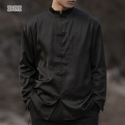 เสื้อชุดจีนชุดโบราณจีนสำหรับผู้ชาย,เสื้อสีดำขนาดใหญ่พิเศษแขนยาววินเทจเสื้อโค้ทไทชิกังฟู