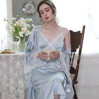 Spring New Satin Women Robe Set Sexy Lace Suspenders Nightie Womens Nightwear Nightgown Romantic French Long Bathrobe Home Suit