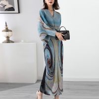 【YF】 Miyake pleated large size dress women 2022 spring and summer new fashion printing meat-covering bat sleeve long womens