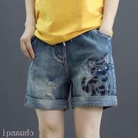 COD jfdss 【NP】Womens Elastic Waist Ripped Denim Shorts Summer New High Waist Loose Straight Bermuda Shorts Vintage Embroidered Hemming Pants