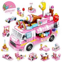 Pink City Friends Ice Cream Truck Street View Dining Car Mini Building Blocks Food Snacks Shop Bricks Toys For Children Girls Building Sets