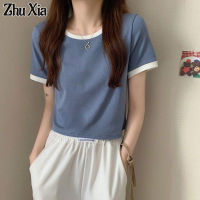Zhu Xia เสื้อยืดแขนแขนสั้นคอกลมสำหรับผู้หญิง,เสื้อยืดนักเรียนตัวสั้นเข้ารูปพอดีเสื้อเชิ้ตสไตล์เกาหลีสีตัดกันสำหรับฤดูร้อนใหม่2023