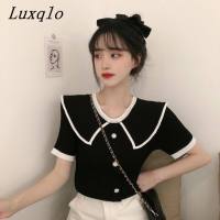 Luxqlo สั้นแขนเสื้อสีดำแฟชั่นเสื้อสไตล์เกาหลีผู้หญิง Baju Rajutan ใหม่2023