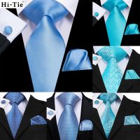 เนคไทผ้าไหมสีทึบสีฟ้าอ่อนงานแต่งงาน Nicktie สำหรับผู้ชาย Hanky Cufflink ของขวัญผู้ชายชุดผูกปาร์ตี้ธุรกิจการดรอปชิปการออกแบบแปลกใหม่