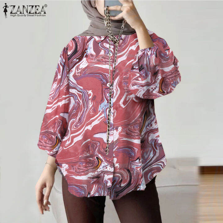 สินค้ามาใหม่-จัดส่งฟรี-fancystyle-zanzea-เสื้อผู้หญิงมุสลิมลำลอง-เสื้อมีปกแบบมีกระดุมเสื้อลายพิมพ์เรียบง่าย