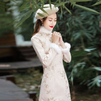 ปักผ้าขนสัตว์ Cheongsam 2021ฤดูหนาวหนุ่มรุ่น Elegant สาวจีนปรับปรุง Qipao ชุดฤดูใบไม้ร่วงฤดูหนาวแขนยาว