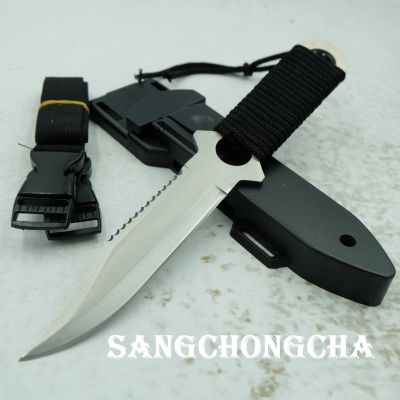 Sangchongcha Fixed Blade knife มีดพกพา มีดเดินป่า มีดดำน้ำ มีดใบตาย มีดแคมป์ปิ้ง มีดเลื่อย ยาว21.00cm FX002 Black and Silver