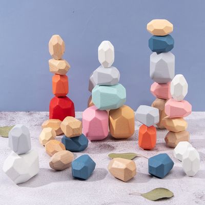 เทรนด์ Kids Toys หินไม้สีสันสดใสหินสีรุ้งบล็อคก่อสร้าง Permainan Susun การศึกษาของเล่น Montessori ของขวัญสำหรับเด็ก
