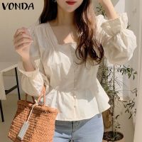 VONDA เสื้อลำลองแขนยาวสีทึบสำหรับผู้หญิง,เสื้อเบลาส์แฟชั่นคอสี่เหลี่ยมเสื้อจับจีบ (สไตล์เกาหลี)