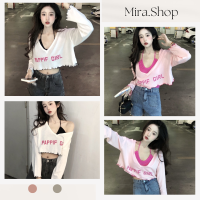 Mira_shop เสื้อไหมพรมสกรีนน่ารัก ลายริ้ว เสื้อครอป y2k  2076#