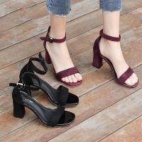 COD DSFGRTUTYIII [One-Word Buckle Strap Roman Style Sandals] 2021 Summer New Mid-Heel Thick Heel Black Student All-Match Open Toe High Heels Women