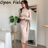 Field Women ชุดถักแฟชั่น Elegant Slim Fit Lace-Up Bodycon Dress แขนยาว Stand Collar Pullover Dress