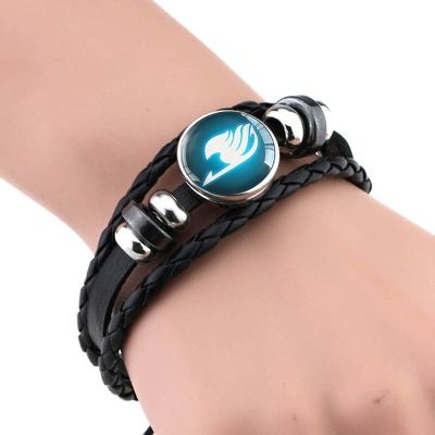 Black Leather Bangle Bracelets Fairy Tail Bracelet Guild Logo Glass Cabochon Anime Jewelry Gift for Anime Cosplay Lover Gifts