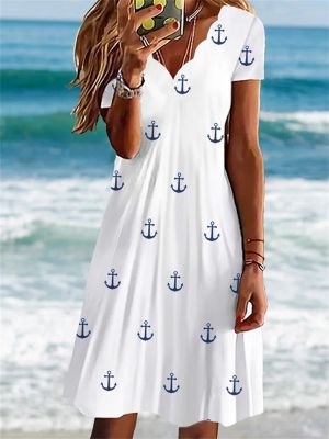 Summer Casual Small Boat Anchor Print Dress Womens Fresh Style Wave Neck Slim Fit Short Sleeve Dressy Female Pullover Skirt 5XL