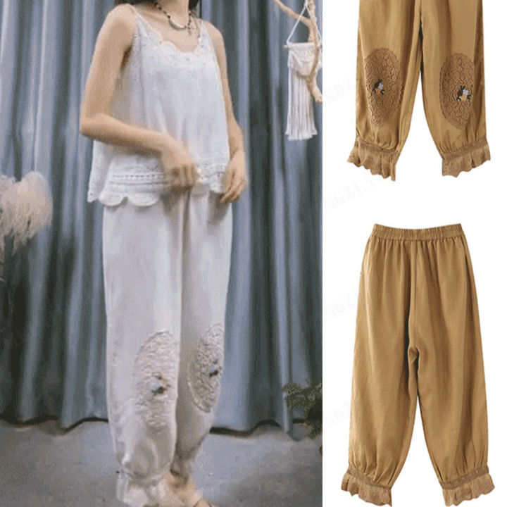 meimingzi-กางเกงผ้าคอตตอนลินินผู้หญิง-ทรงบลูมเมอร์-ปักลาย-แต่งลูกไม้