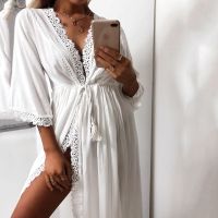 ☾ Womens Long Robe Beach Cardigan Dress Soft Sexy Hollow Out Lace Tie Up Waist Slim Fit Casual Loose Summer Dress Maxi Female