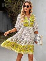 Elegant Half Sleeve Midi Chic Bohemian Dress for Women 2022 Summer Light Viscose Dresses Green Vacation Party Swing Tunic