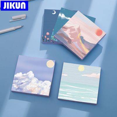 JIKUN 90 Sheets Memo Pad Sticky Notes Oil Painting Beatiful Scenery Posits Stationery Set 70x70mm
