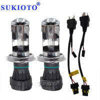 SUKIOTO 2ชิ้น H4 Bixenon HID หลอดไฟรถไฟหน้า H4-3 HiLo ซีนอนโคมไฟ4300พัน5000พัน6000พัน8000พันกับ2ชิ้นเทียมสายเคเบิล