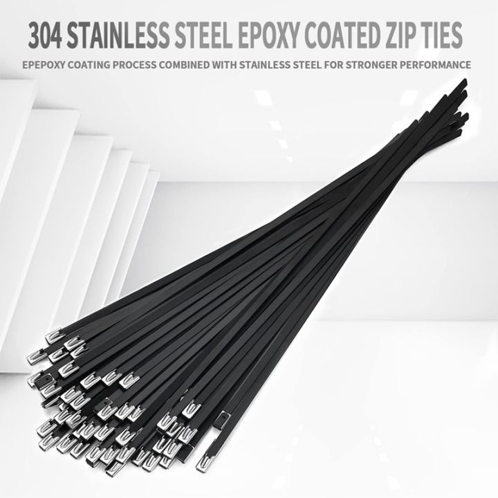 100pcs-metal-zip-ties-epoxy-coated-cable-tie-black-cable-tie-11-8-inch-304-stainless-steel-for-machinery-vehicles-farms-cables