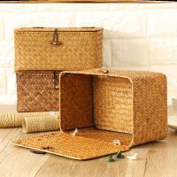 Large Wicker Box Rectangular Seagrass Storage Basket with Lid Rattan Storage Organizer for Cabinet Shelf Table Home Baskets