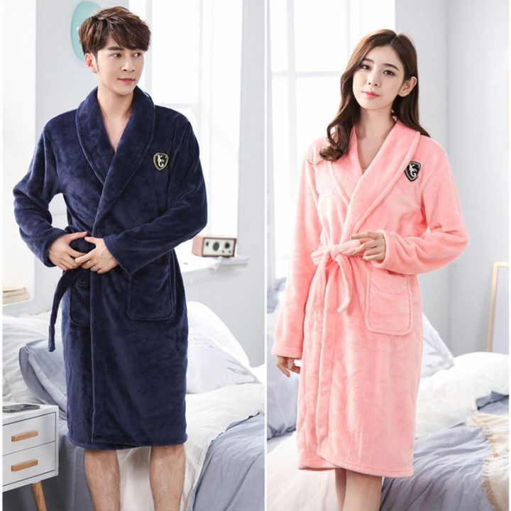 muji-high-quality-flannel-nightgown-autumn-and-winter-thickened-and-enlarged-mens-mid-length-womens-pajamas-lovers-coral-fleece-home-wear-bathrobe
