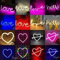 Hello Heart Love ป้ายไฟนีออน LED โมเดลโคมไฟกลางคืนห้องเก็บของติดผนังตกแต่งหน้าต่างร้านขาย USB &amp; แบตเตอรี่