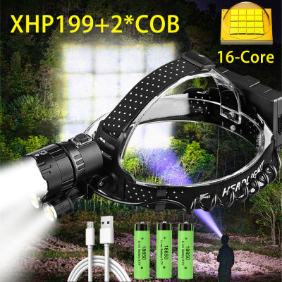 XHP199 Super Powerful LED Headlamp with COB, USB Rechargeable Head Flashlight 18650 Headlight Head Torch for Fishing Hiking