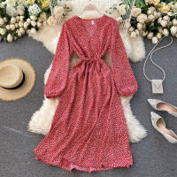 OCEANLOVE 2021 Spring Woman Dress Floral V Necl Elegant A-line Vestidos Laec Up Vintage High Waist Korean Femme Robes 19844