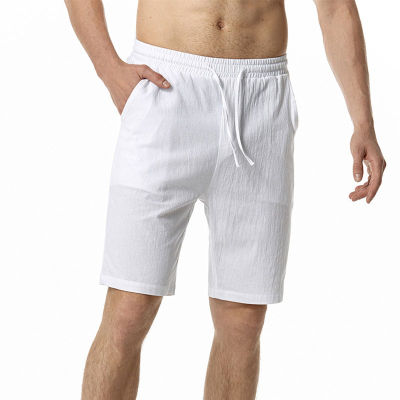 สีขาวผ้าฝ้ายผ้าลินินกางเกงขาสั้นกางเกงผู้ชาย2023แบรนด์ใหม่ซัมเมอร์บีชกางเกงขาสั้นผู้ชาย Streetwear สบายๆระบายอากาศกางเกงขาสั้นด้วย Drawstring