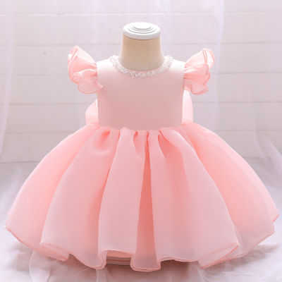 Pink Chlid Dress Beading First Birthday Dress For Baby Girl Ceremony Ball Gown Bow Princess Dress Wedding Party Dresses