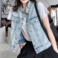 Yly 2023ฤดูร้อน Darling Denim Vest Small Fragrant Heavy Industry Snow Washing Retro Silver Button Straight Cocket