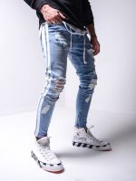 【CW】Mens Ripped Pencil Pants Men Skinny Denim Biker Side Striped Jeans Mens Fashion Foot Mouth Zipper Hip-Hop Slim Denim Trousers