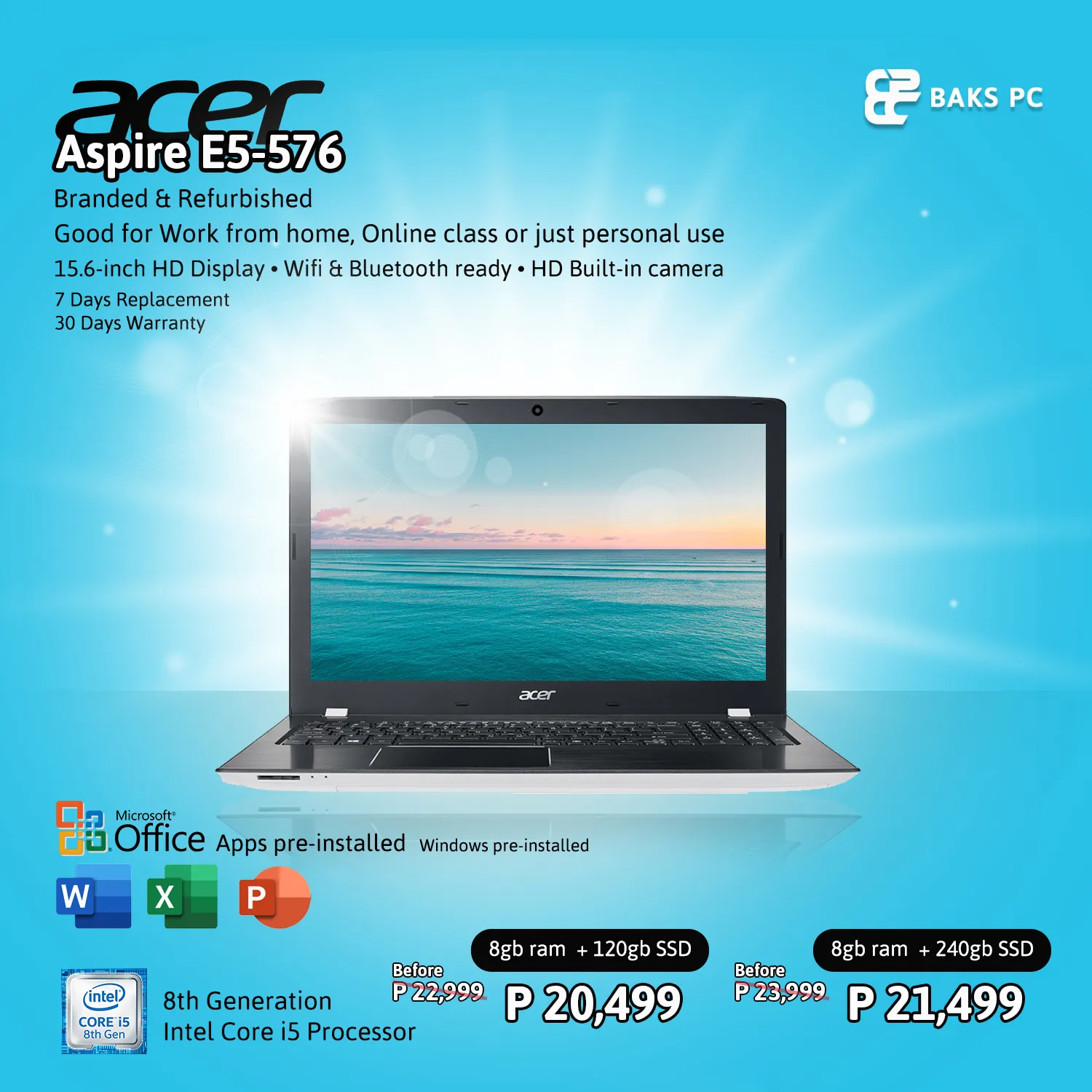 acer aspire E5-576 . i5 8th Gen • 8gb ram ( upgradable ) • 120gb SSD (  upgradable ) • Windows and Office Apps READY TO USE • Wifi and Bluetooth  READY •〖REFURBISHED〗 | Lazada PH