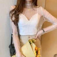 Autumn Temperament Long Sleeve Lace Top Womens Thin Small Shirt Korean Style Versatile See-through Sexy Mesh Bottoming Shirt V724