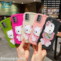 YiaMia Hello Kitty เคสโทรศัพท์สำหรับ Samsung Galaxy A03S A04 A04E A21S A51 A20S A30S A13 A12 A33 A14 A34 A02S A03 A22 A04S A11 A32ขอบคลื่นซิลิโคนนิ่มโทรศัพท์กันกระแทกฝามีกระจกแต่งหน้า