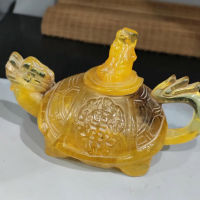 Rare Collection Chinese Handwork Amber Carving Dragon &amp; The God Of Wealth Tea Pot Longevity And Wealth Water Pot Tea Set