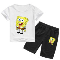 ชุดลำลองขาสั้น SpongeBob 2023แขนสั้นสำหรับเด็กเสื้อยืดการ์ตูน/อะนิเมะถัก0000ผ้าฝ้ายพิมพ์ลาย