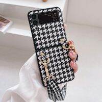 สำหรับ Samsung Galaxy Z Flip5เกาหลี Houndstooth ลาย PU หนังเคสโทรศัพท์สำหรับ Flip3 Z 4แบบมีสายคล้อง