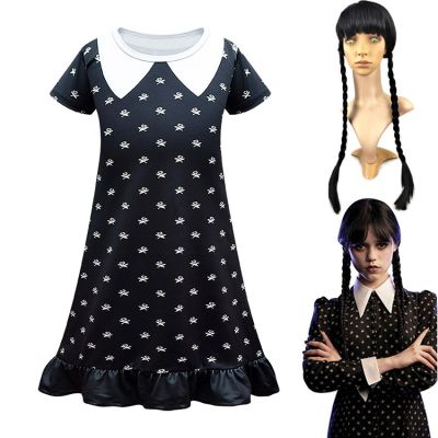 2023 Kids Wednesday Cosplay Costume Girl Addams Cosplay Dress Wig Bag Outfits Vintage Black Gothic Printing Halloween Clothes