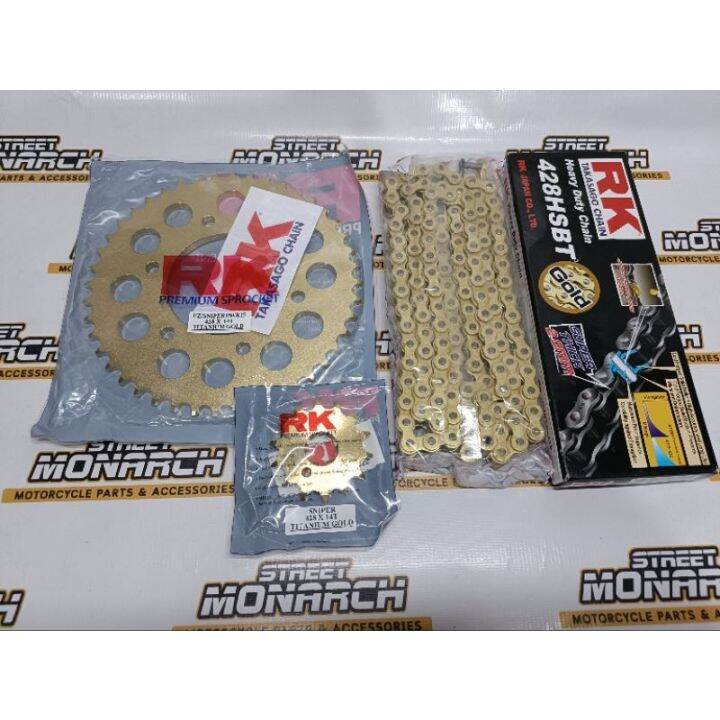 RK STEEL GOLD / NICKEL CHAIN SET WITH TAKASAGO ENGINE SPROCKET FOR