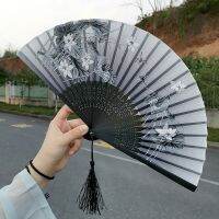 Chinese Archaic Folding Fans with Tassels Floral Decoration Fans Hollow Bamboo Rib Fans Woman Summer Handheld Fans